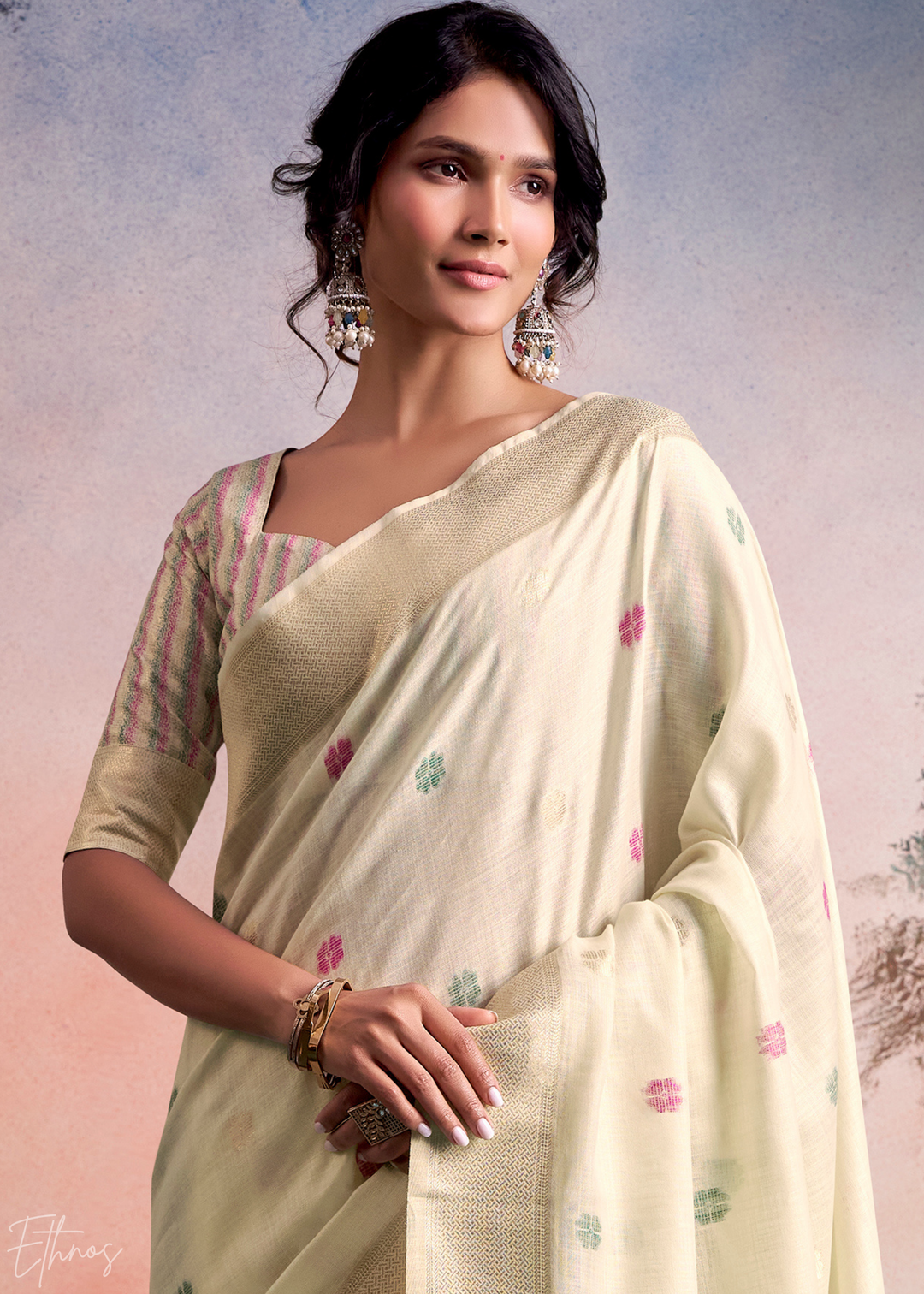 Ivory Cream Lotus Pallu Linen Silk Saree