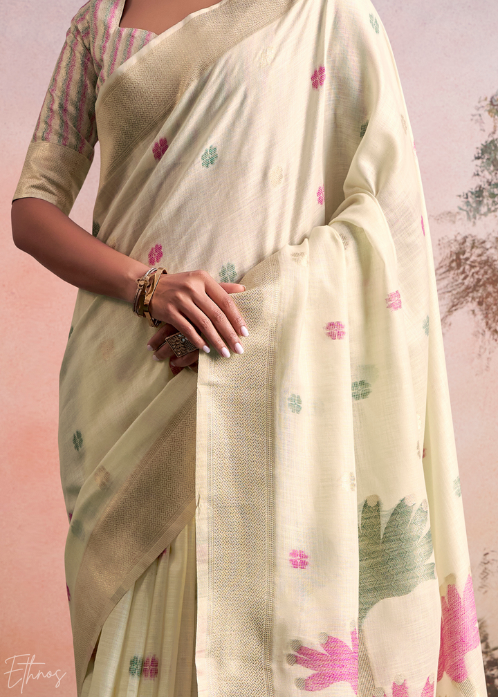 Ivory Cream Lotus Pallu Linen Silk Saree