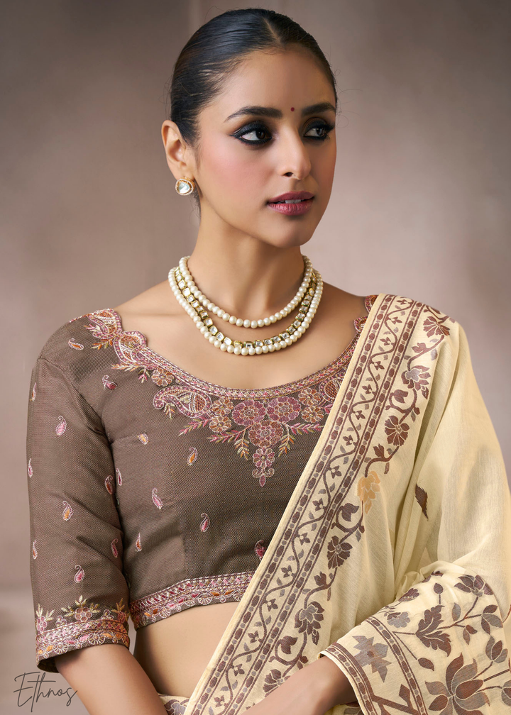 Ivory Cream Meadow Flora Viscose Silk Saree