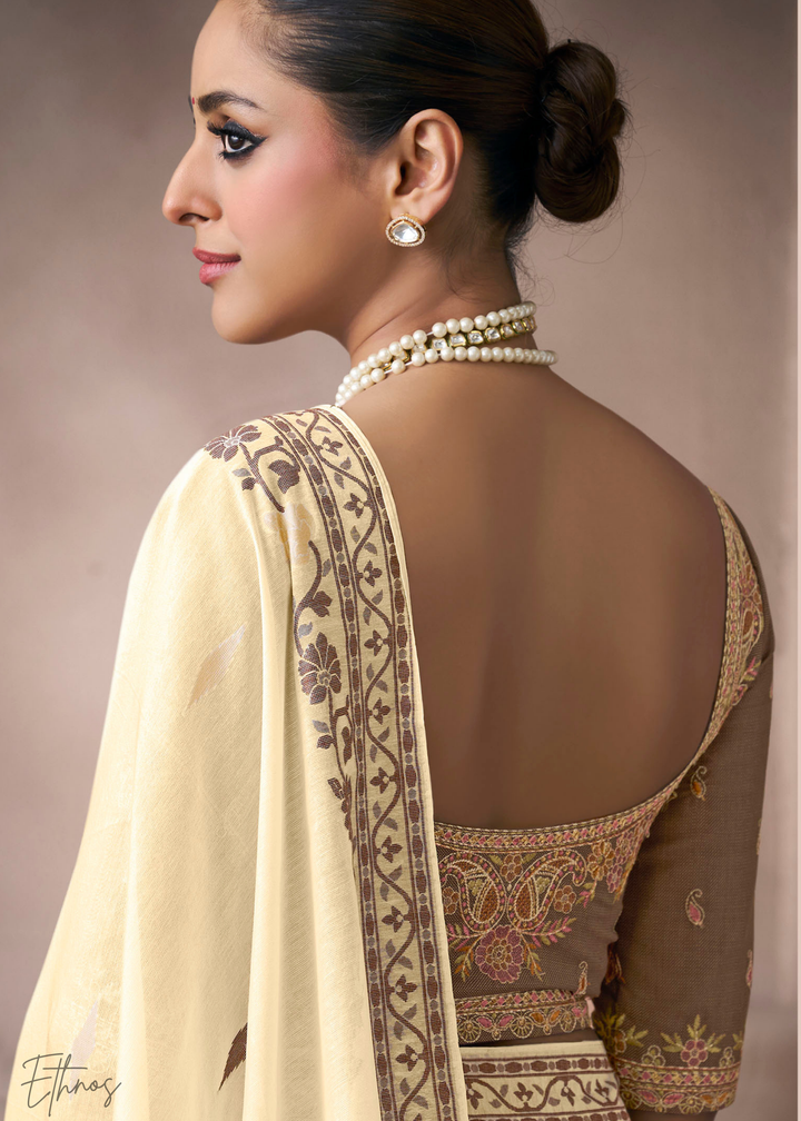 Ivory Cream Meadow Flora Viscose Silk Saree