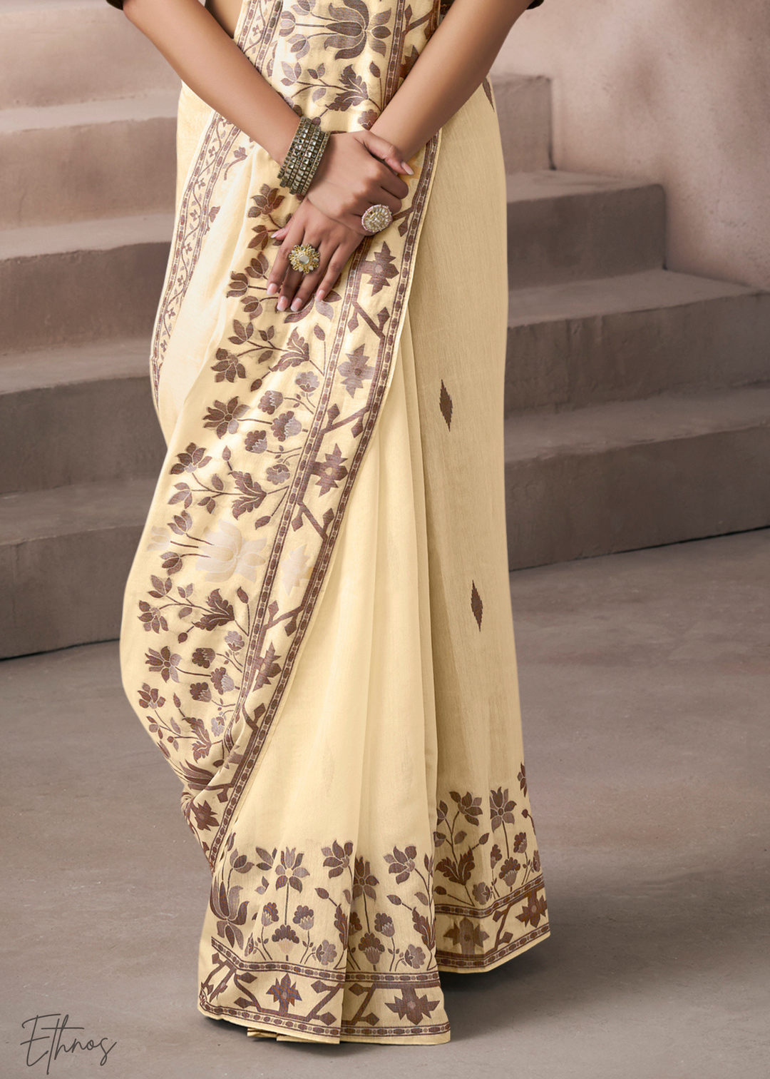 Ivory Cream Meadow Flora Viscose Silk Saree