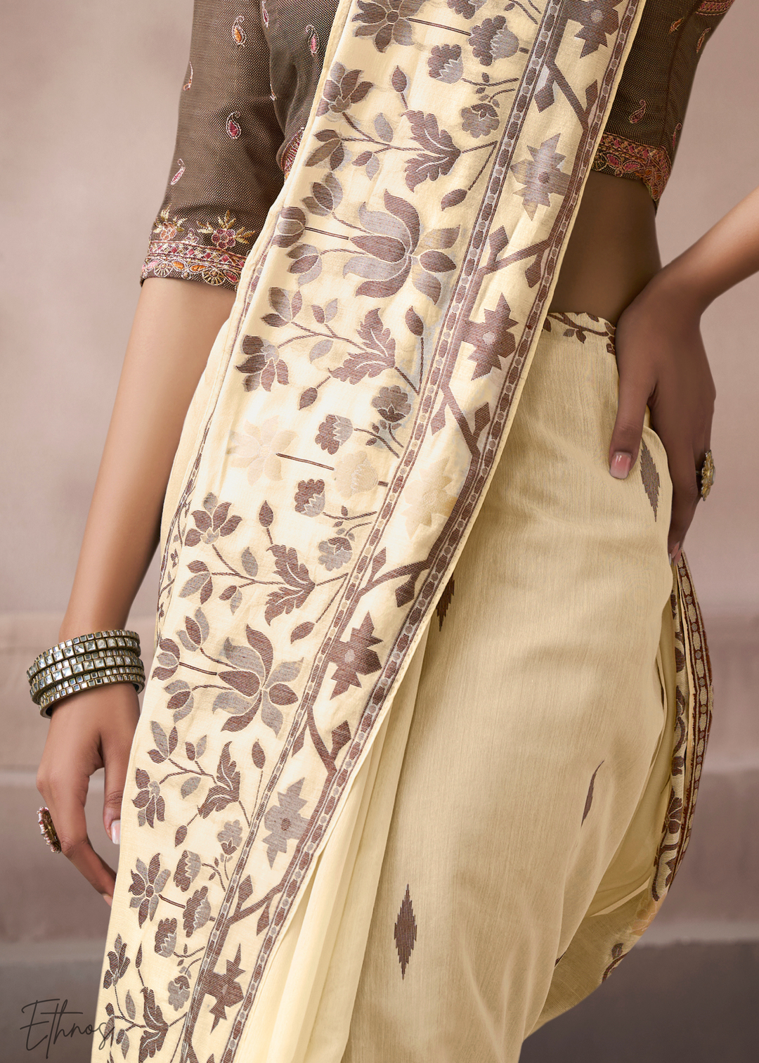 Ivory Cream Meadow Flora Viscose Silk Saree