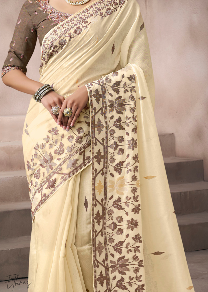 Ivory Cream Meadow Flora Viscose Silk Saree
