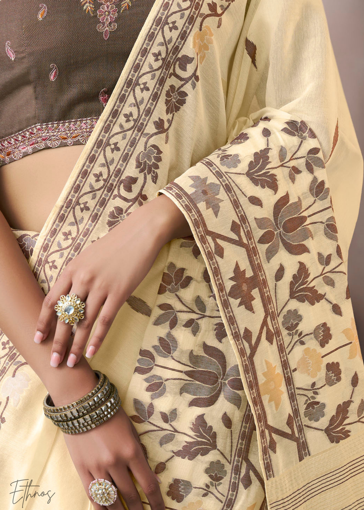 Ivory Cream Meadow Flora Viscose Silk Saree