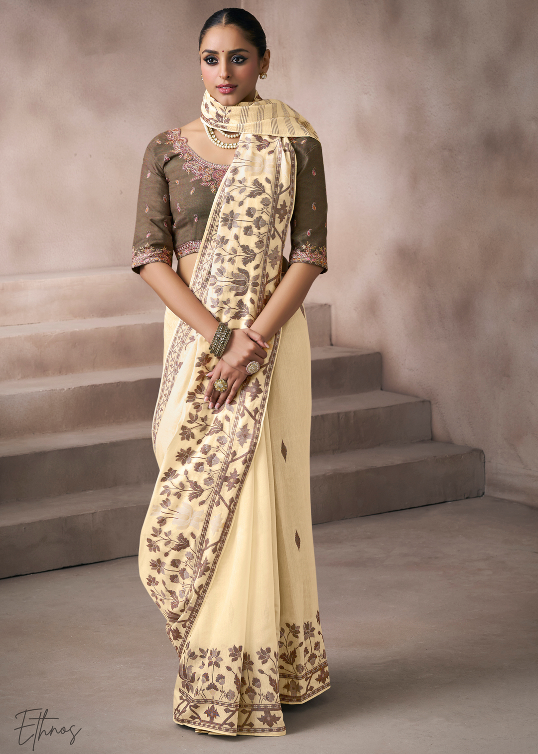 Ivory Cream Meadow Flora Viscose Silk Saree