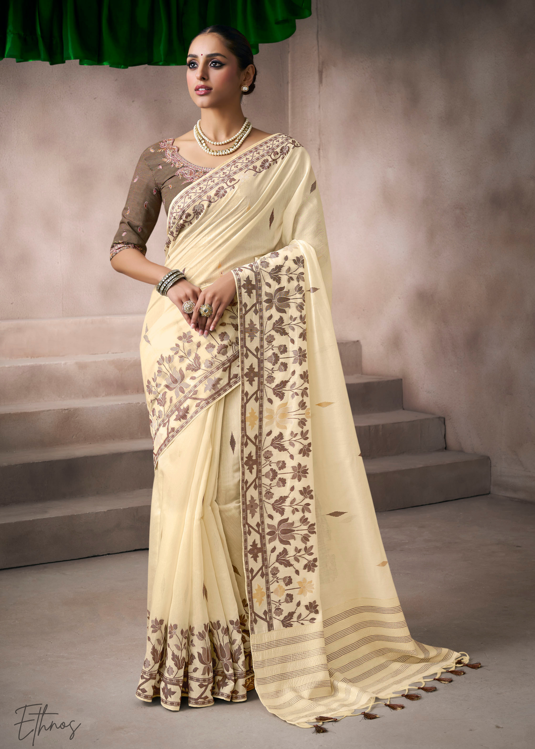 Ivory Cream Meadow Flora Viscose Silk Saree