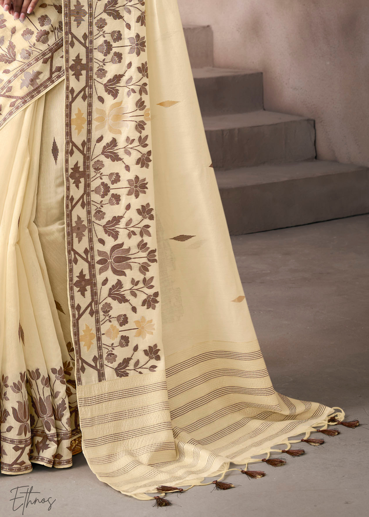 Ivory Cream Meadow Flora Viscose Silk Saree