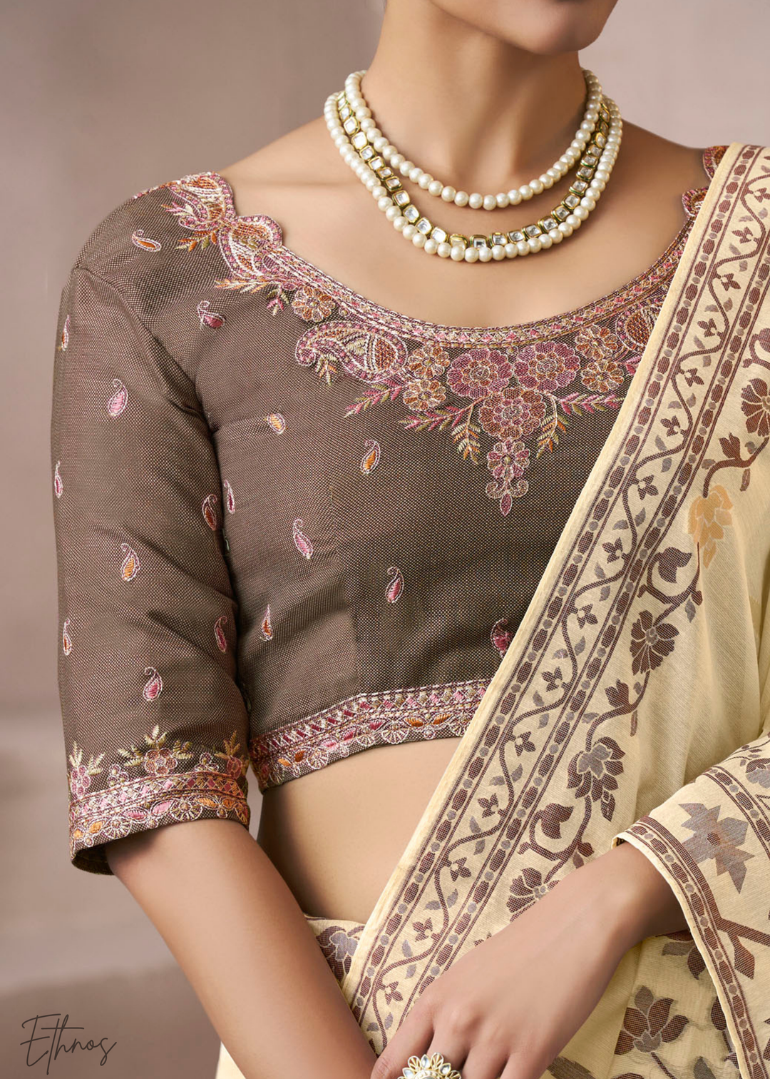Ivory Cream Meadow Flora Viscose Silk Saree
