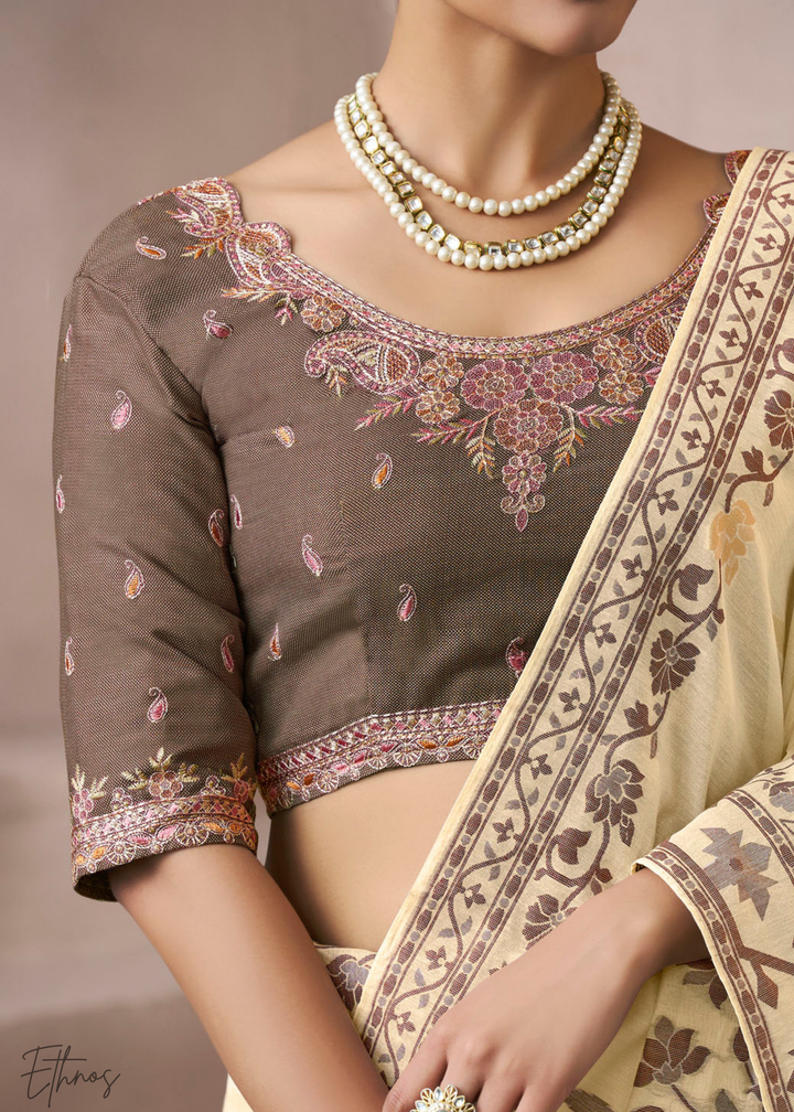 Ivory Cream Meadow Flora Viscose Silk Saree