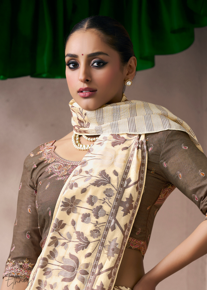 Ivory Cream Meadow Flora Viscose Silk Saree