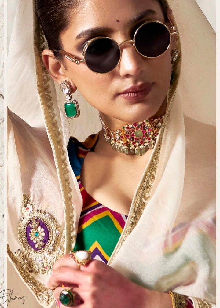 Ivory Embroidered Glass Tissue Designer Saree