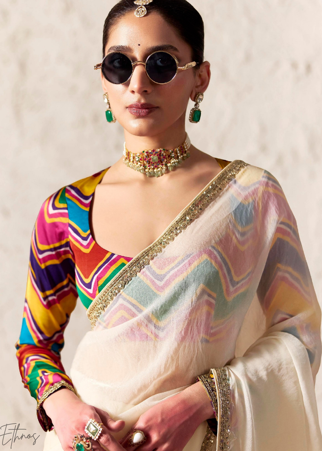 Ivory Embroidered Glass Tissue Designer Saree