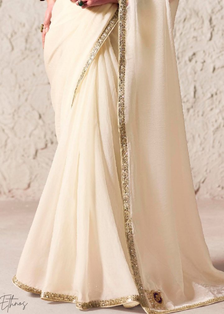 Ivory Embroidered Glass Tissue Designer Saree