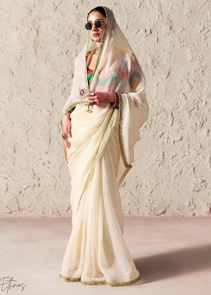 Ivory Embroidered Glass Tissue Designer Saree