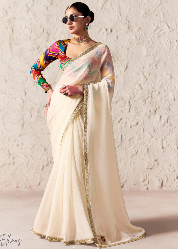 Ivory Embroidered Glass Tissue Designer Saree