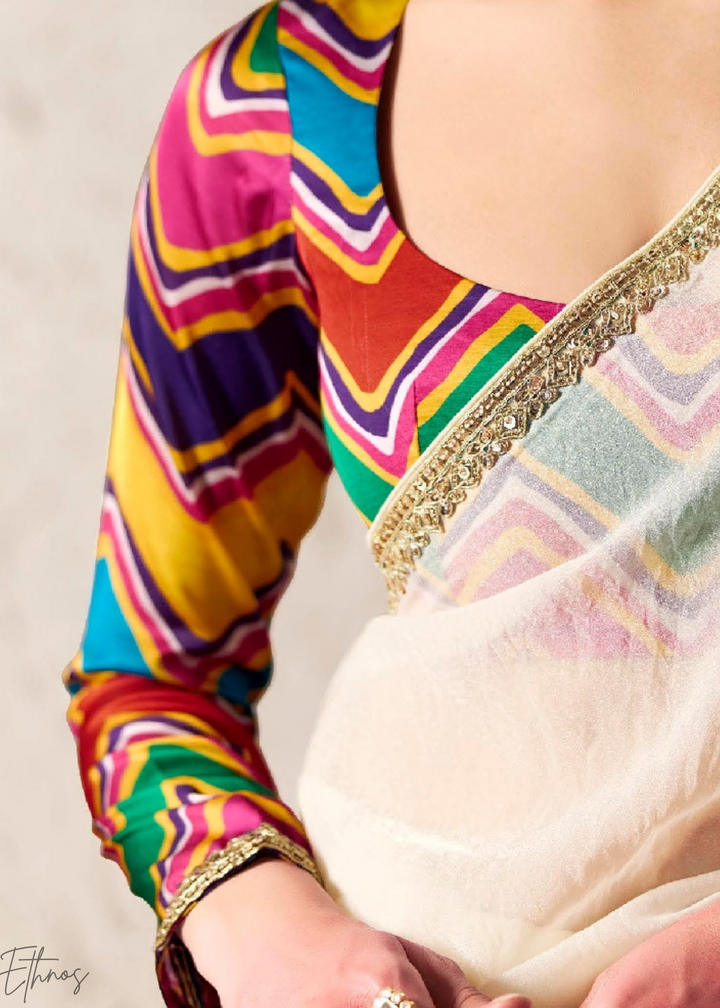 Ivory Embroidered Glass Tissue Designer Saree