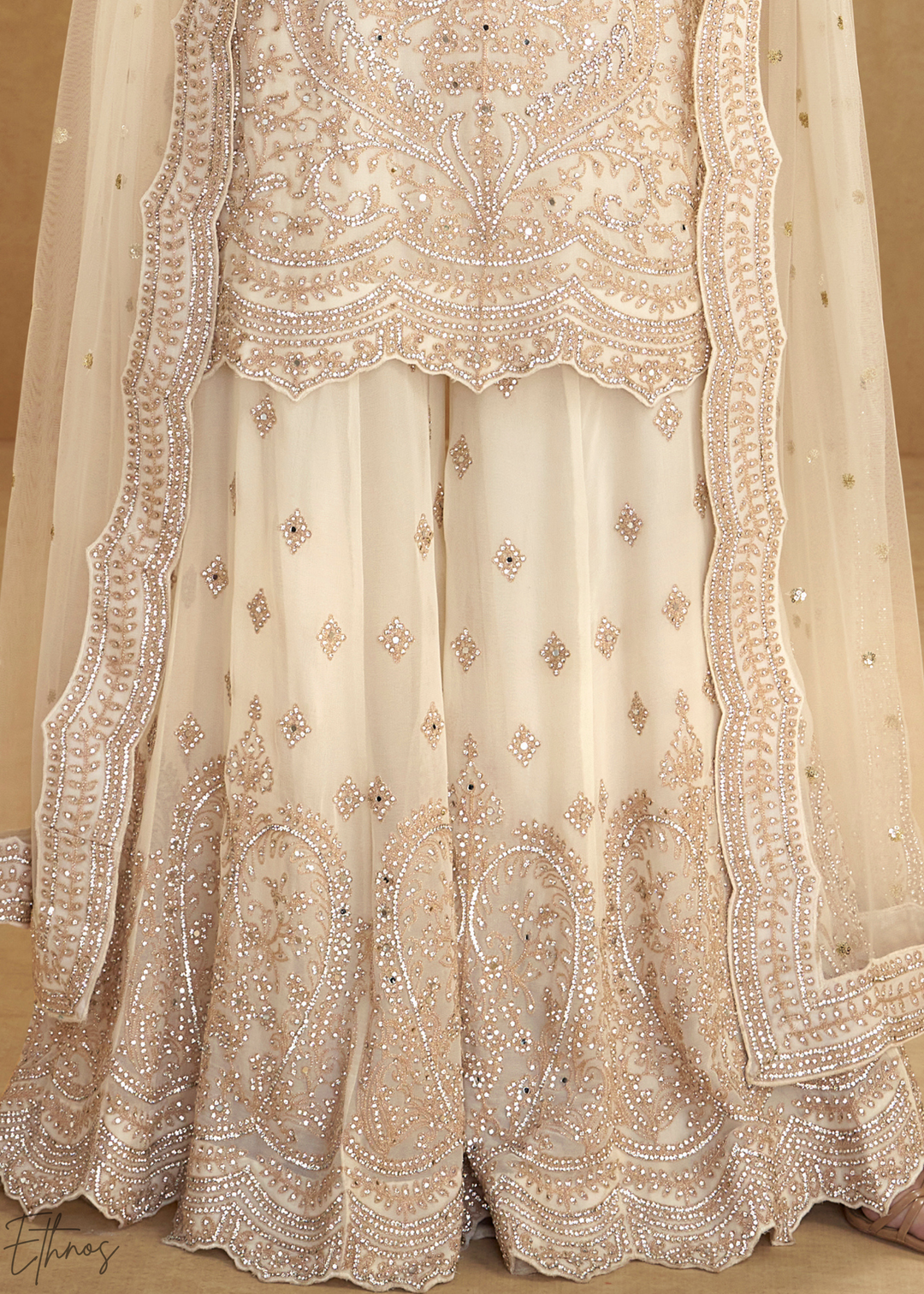 Cream Embroidered Net Sharara Suit