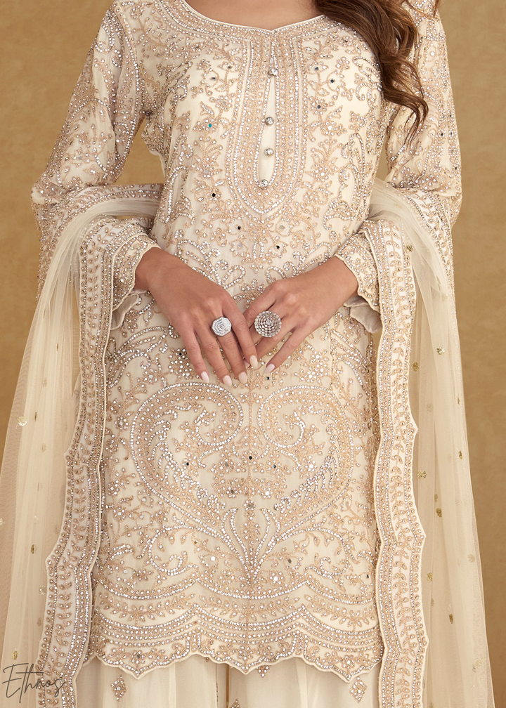 Cream Embroidered Net Sharara Suit
