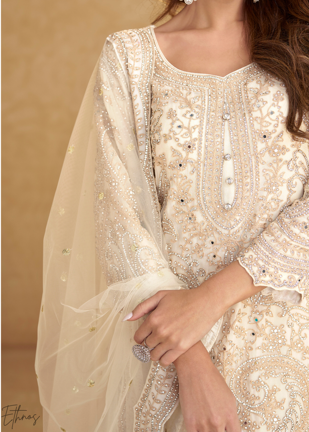 Cream Embroidered Net Sharara Suit