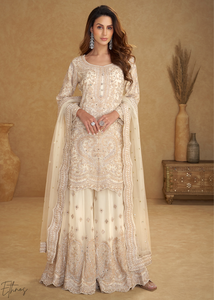 Cream Embroidered Net Sharara Suit