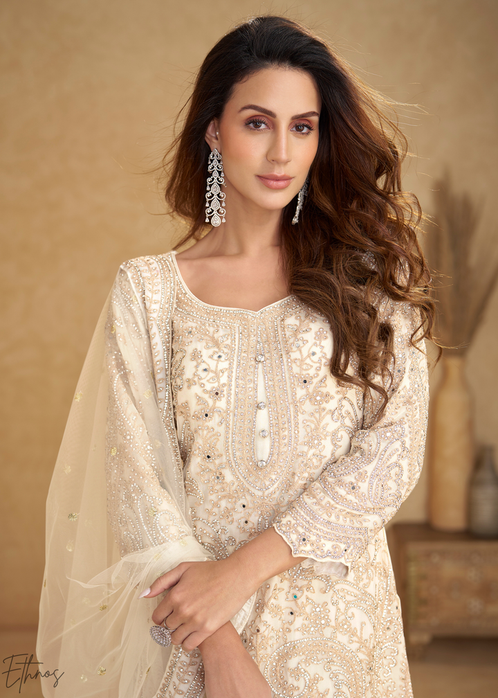 Cream Embroidered Net Sharara Suit