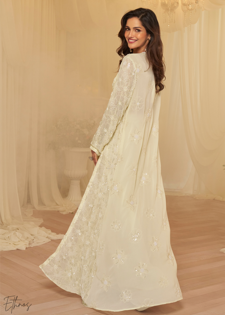 Ivory Georgette Jacket Croptop Skirt Set