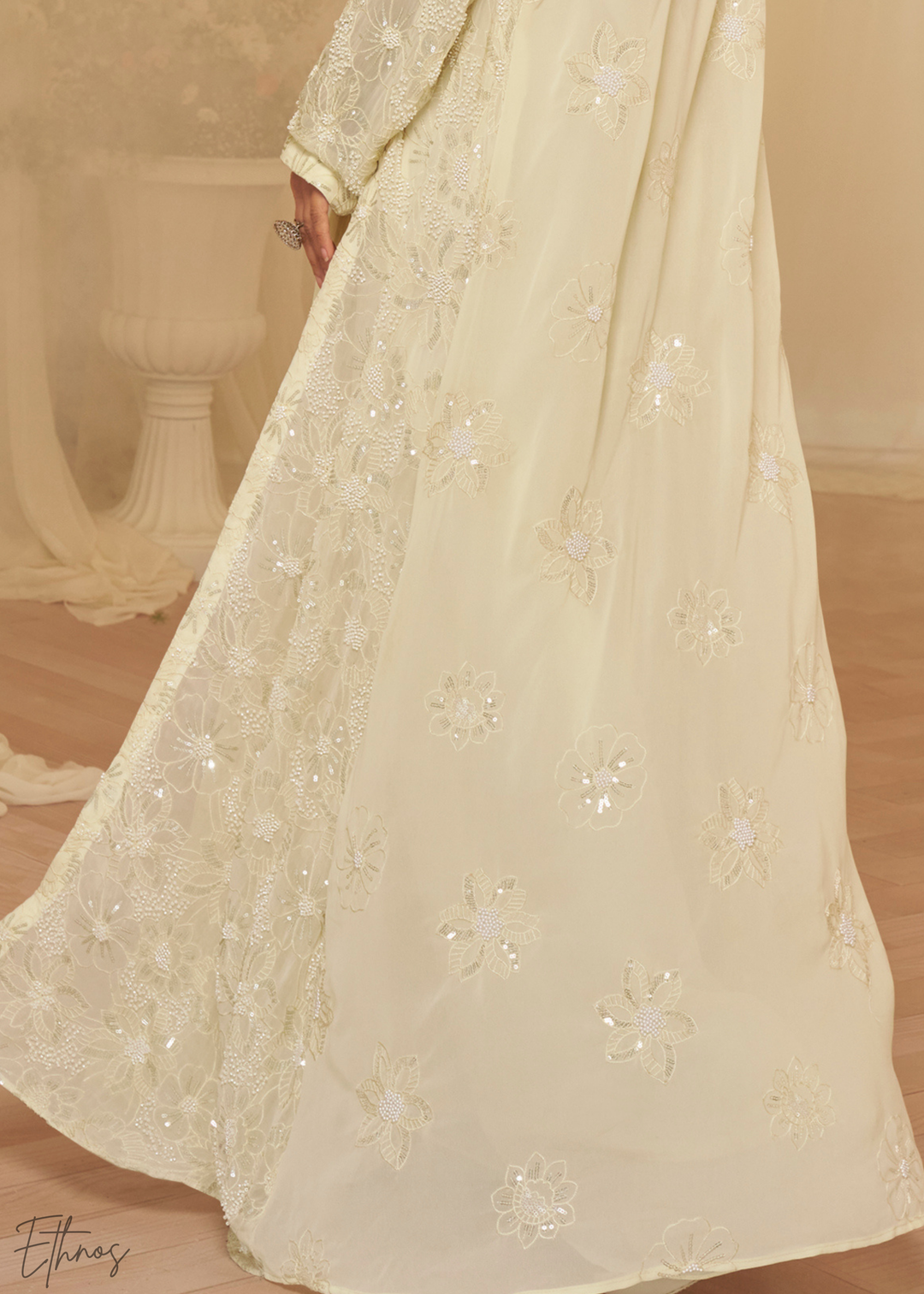 Ivory Georgette Jacket Croptop Skirt Set