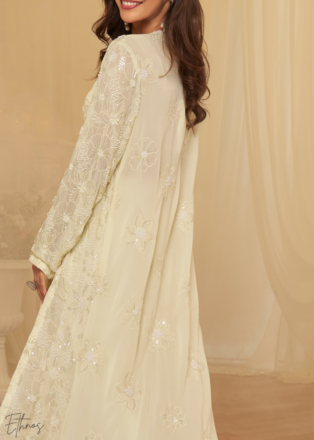 Ivory Georgette Jacket Croptop Skirt Set