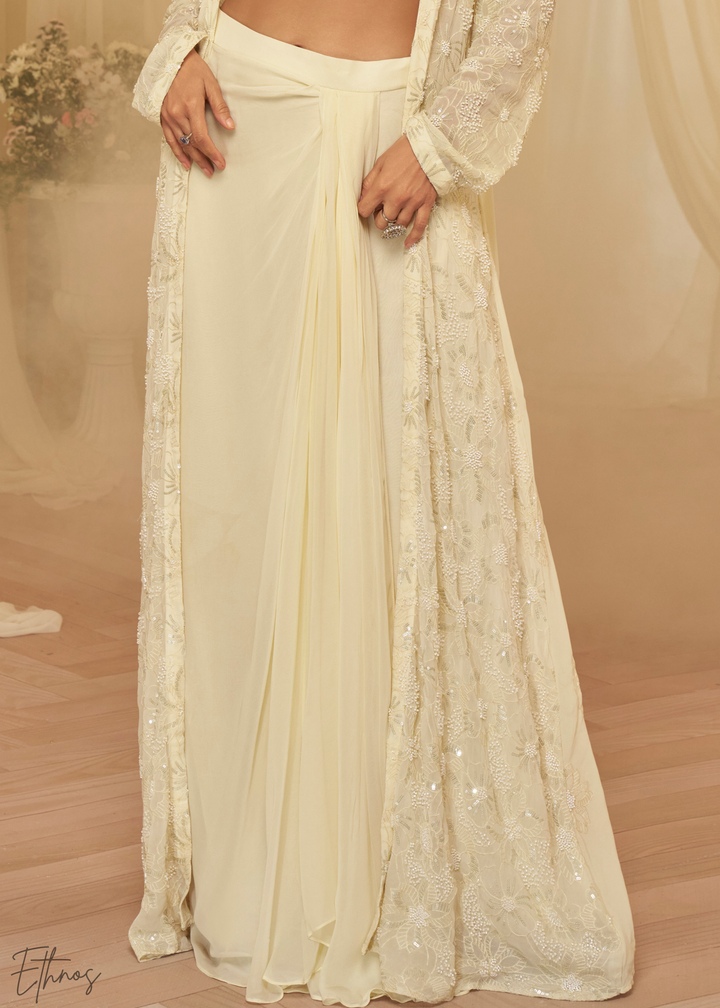 Ivory Georgette Jacket Croptop Skirt Set
