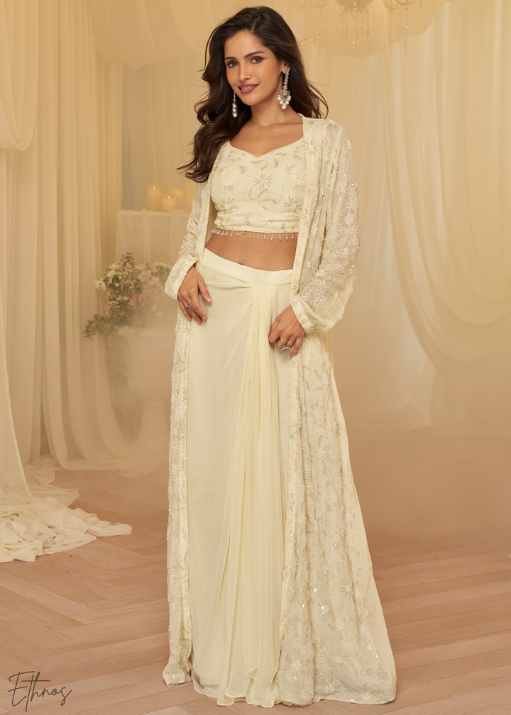 Ivory Georgette Jacket Croptop Skirt Set