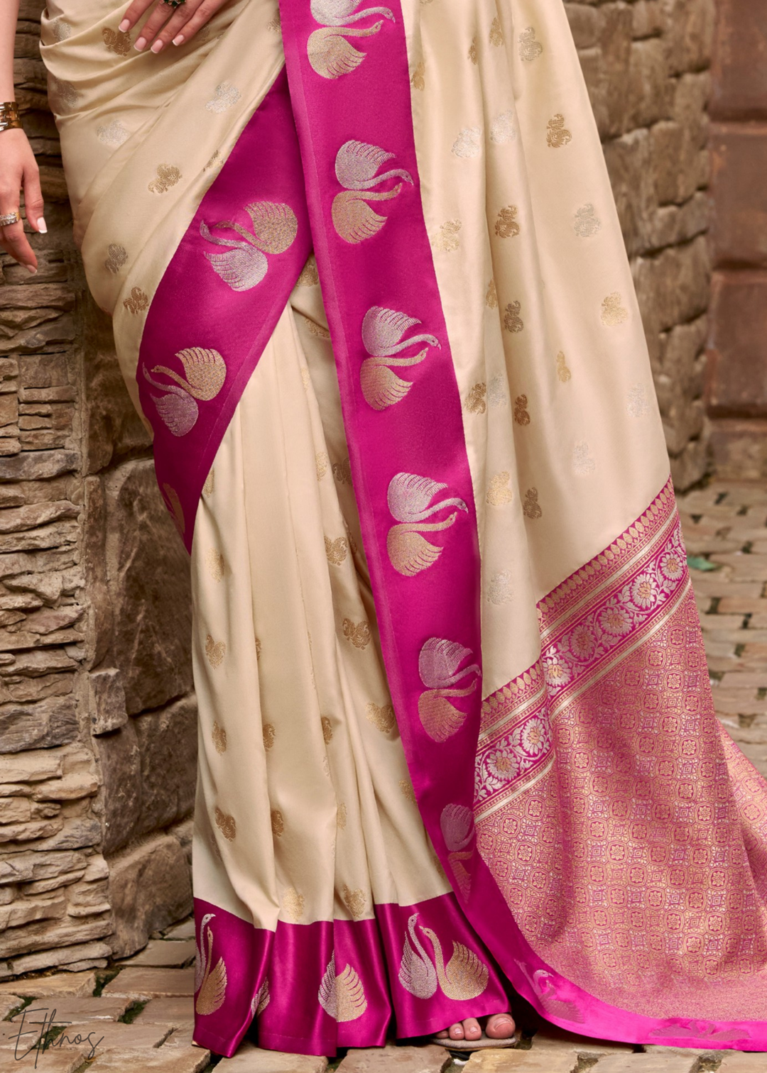 Ivory Lace Ethereal Swan Satin Silk Saree