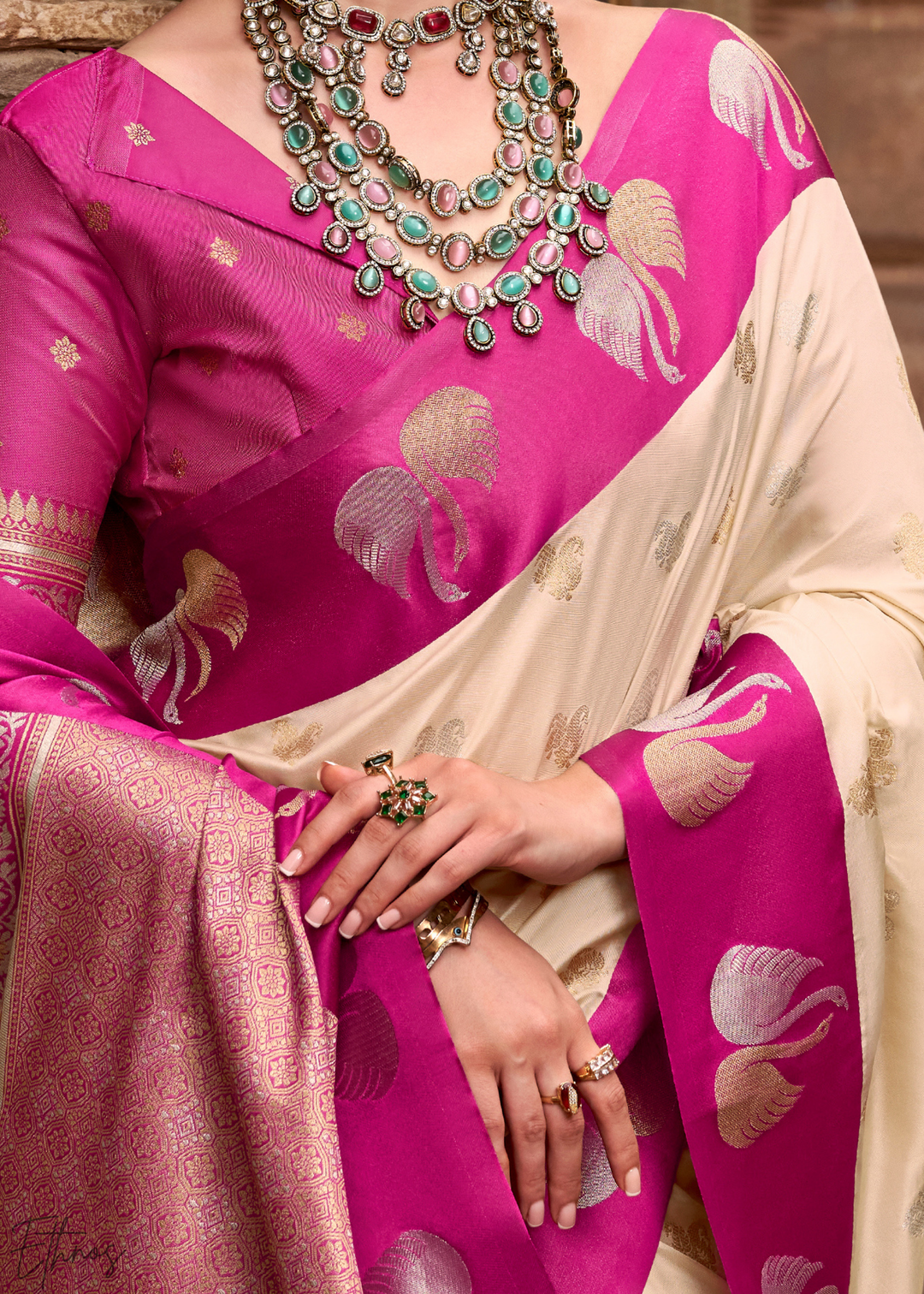 Ivory Lace Ethereal Swan Satin Silk Saree