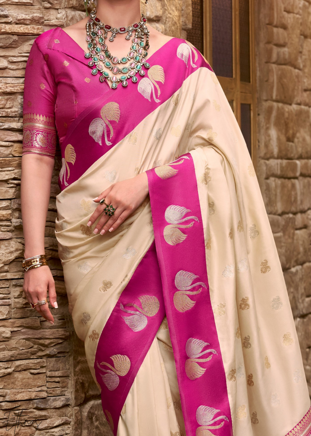 Ivory Lace Ethereal Swan Satin Silk Saree