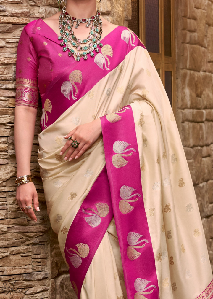 Ivory Lace Ethereal Swan Satin Silk Saree