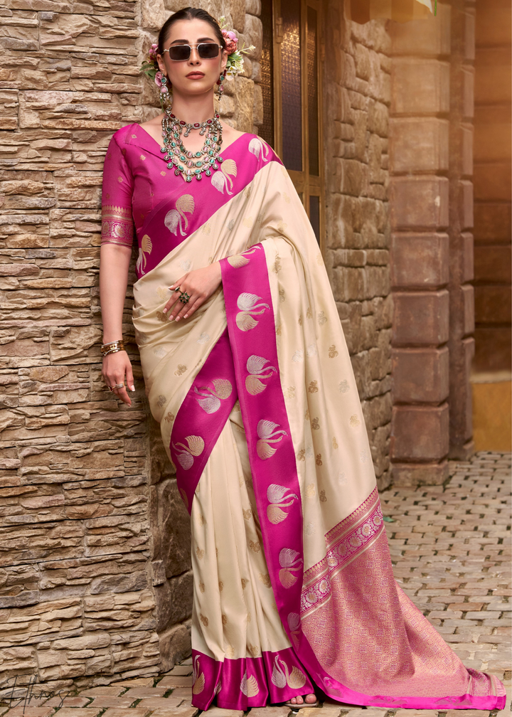 Ivory Lace Ethereal Swan Satin Silk Saree