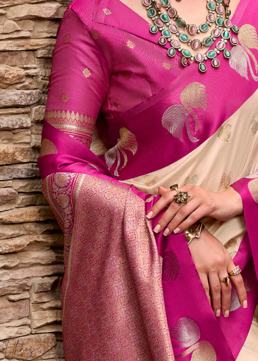 Ivory Lace Ethereal Swan Satin Silk Saree