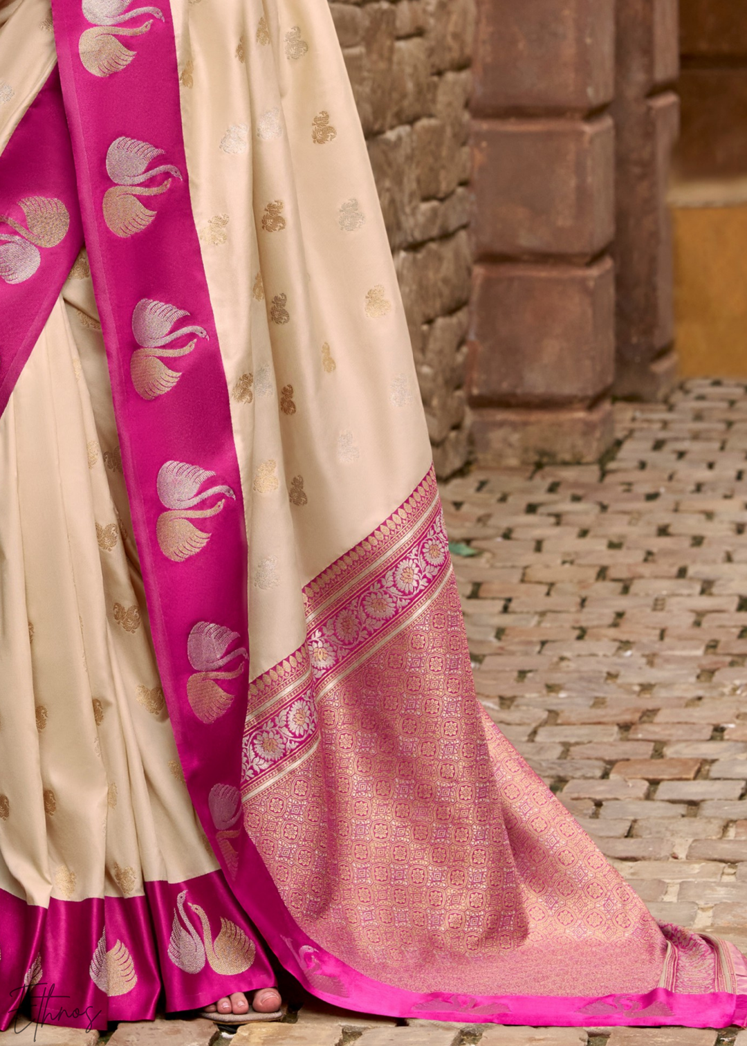 Ivory Lace Ethereal Swan Satin Silk Saree