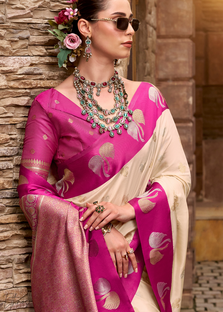 Ivory Lace Ethereal Swan Satin Silk Saree