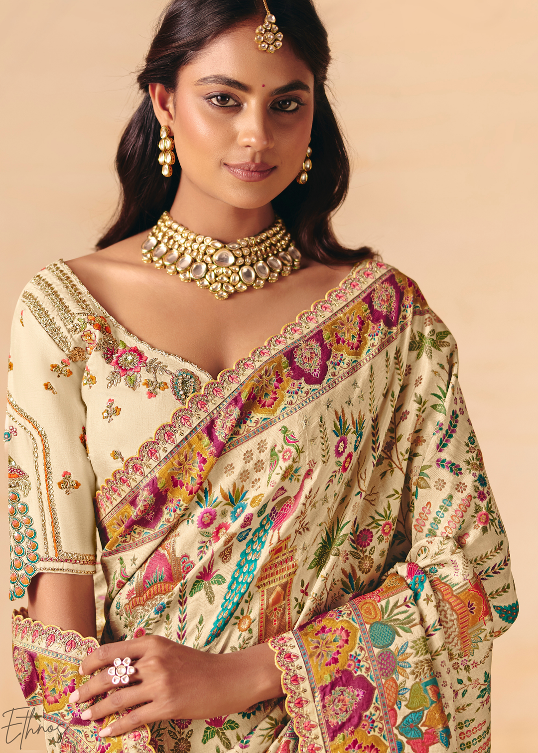 Ivory Mughal Dola Silk Saree