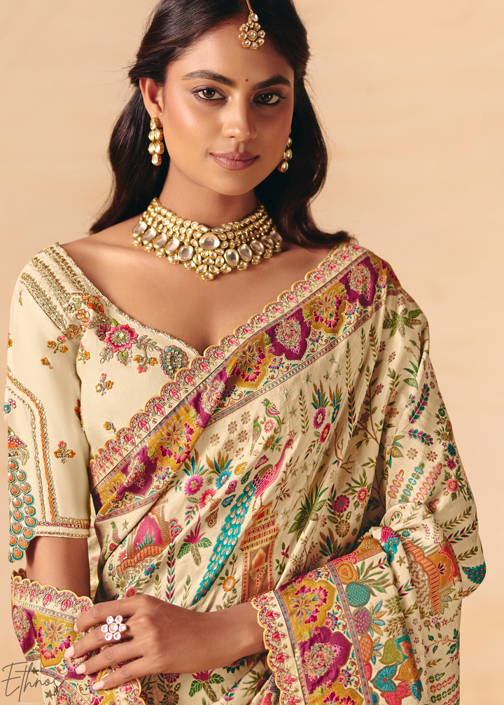 Ivory Mughal Dola Silk Saree