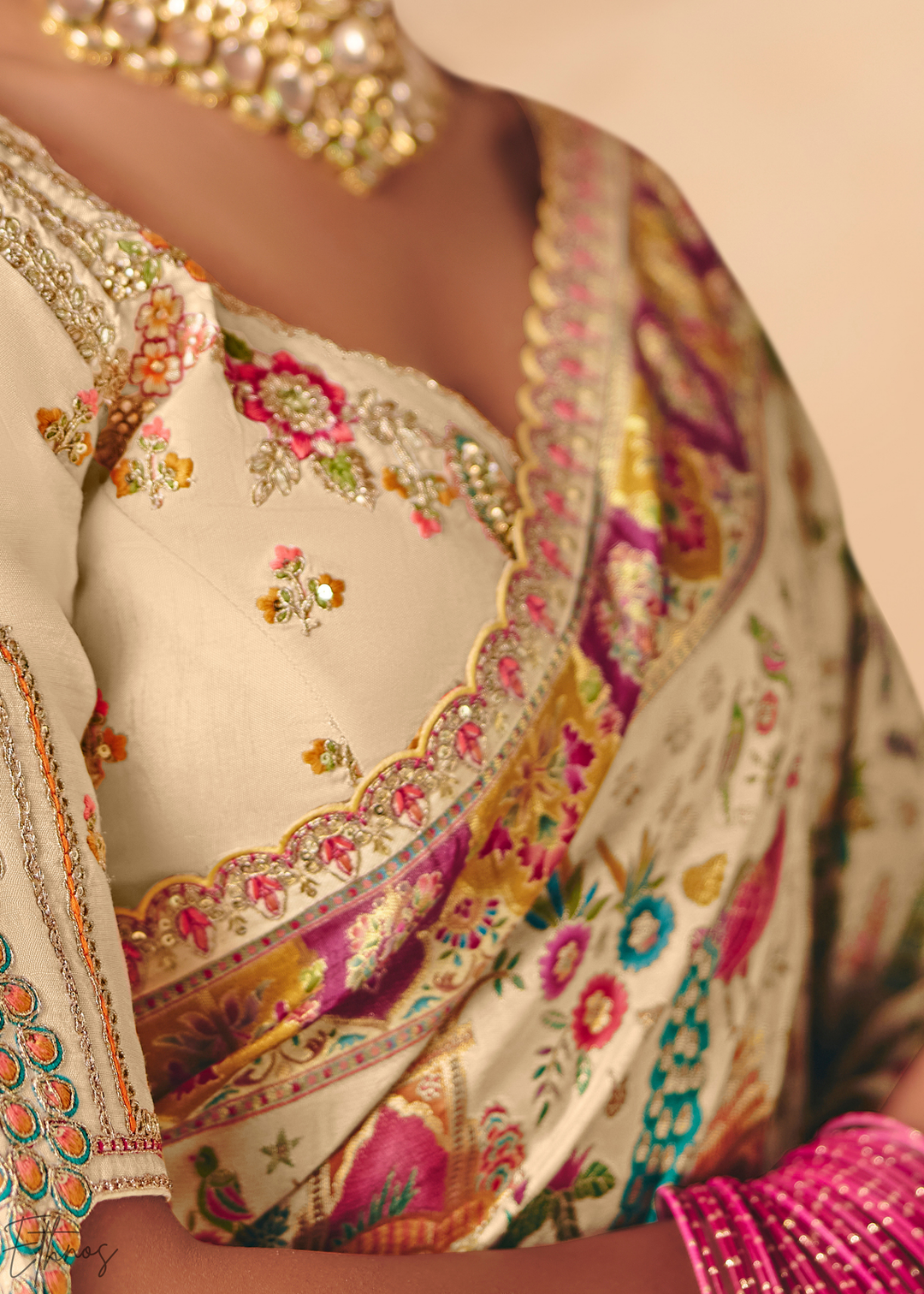 Ivory Mughal Dola Silk Saree