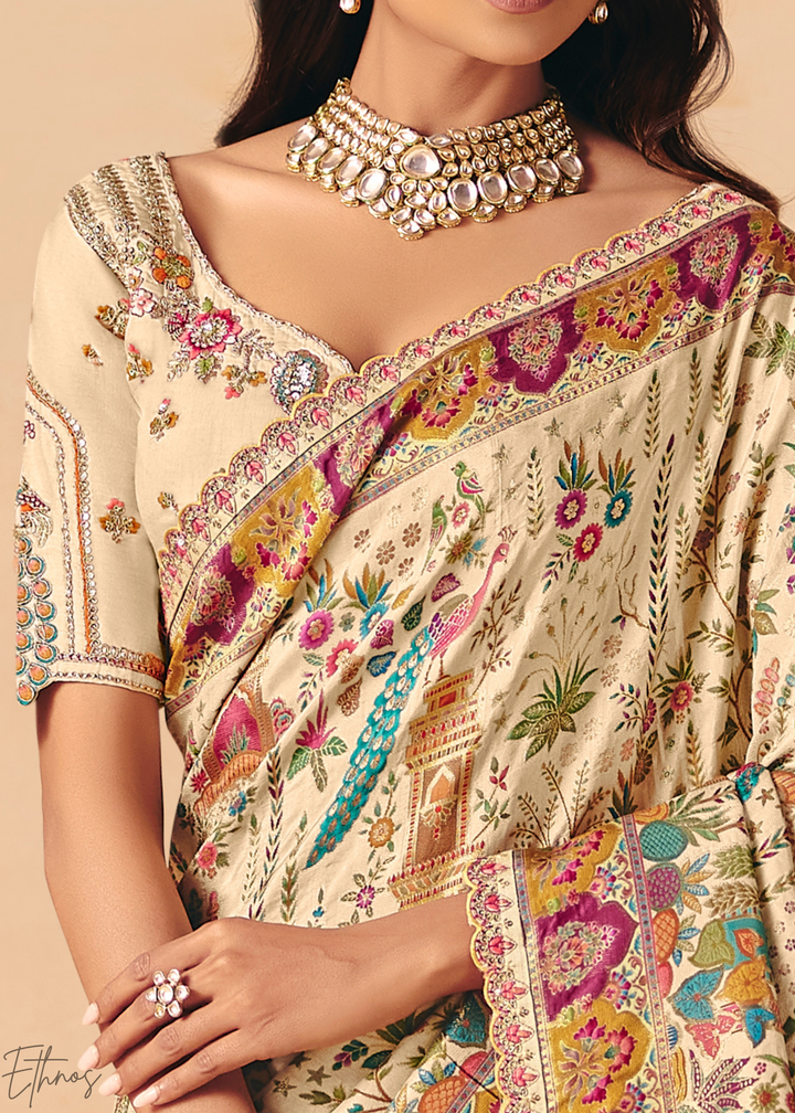 Ivory Mughal Dola Silk Saree
