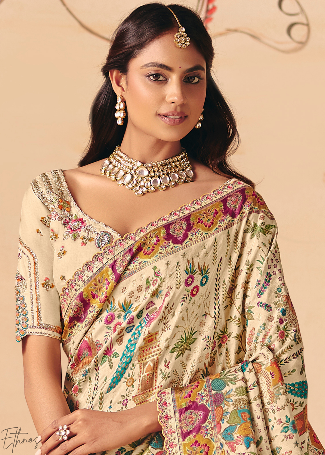 Ivory Mughal Dola Silk Saree