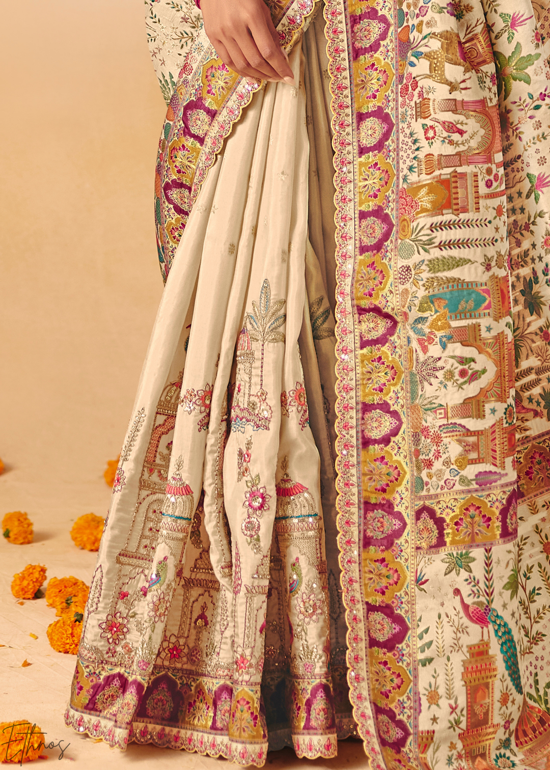 Ivory Mughal Dola Silk Saree