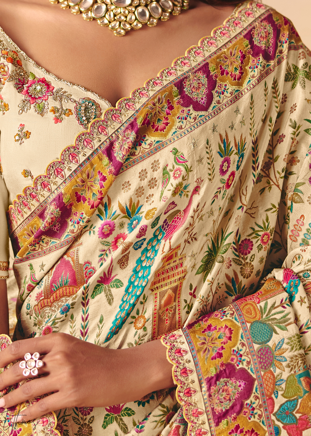 Ivory Mughal Dola Silk Saree