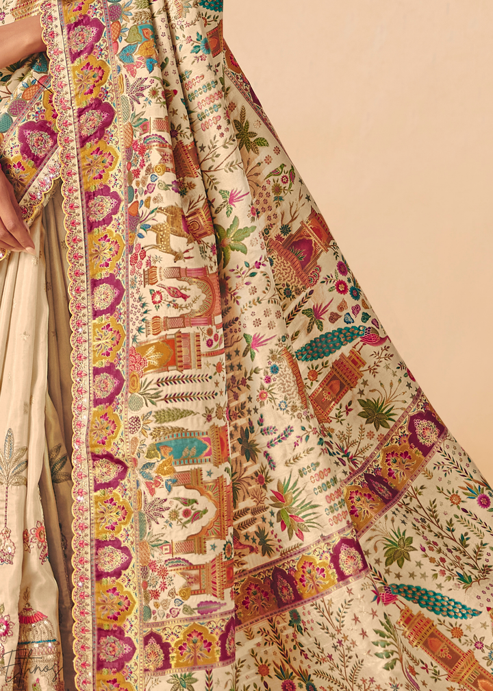 Ivory Mughal Dola Silk Saree