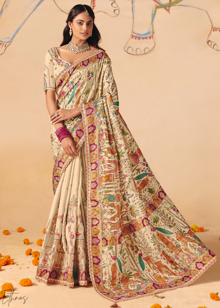 Ivory Mughal Dola Silk Saree