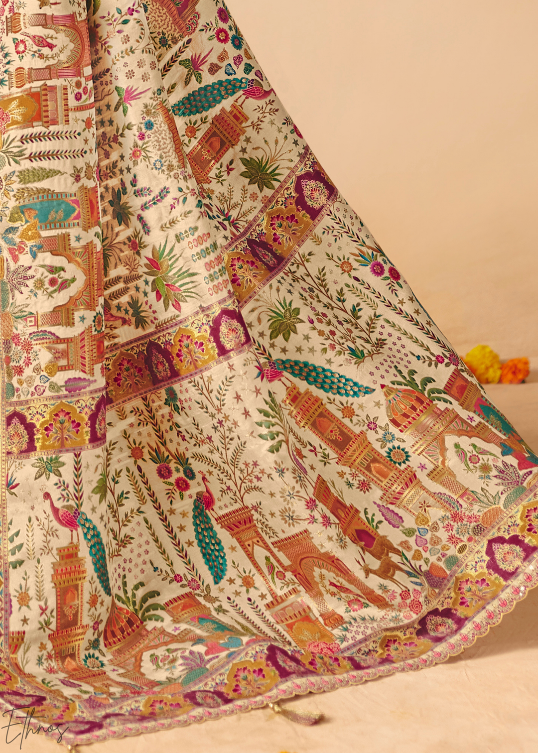 Ivory Mughal Dola Silk Saree