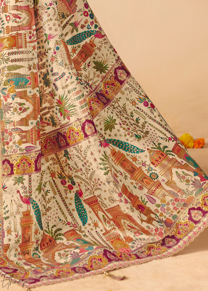 Ivory Mughal Dola Silk Saree