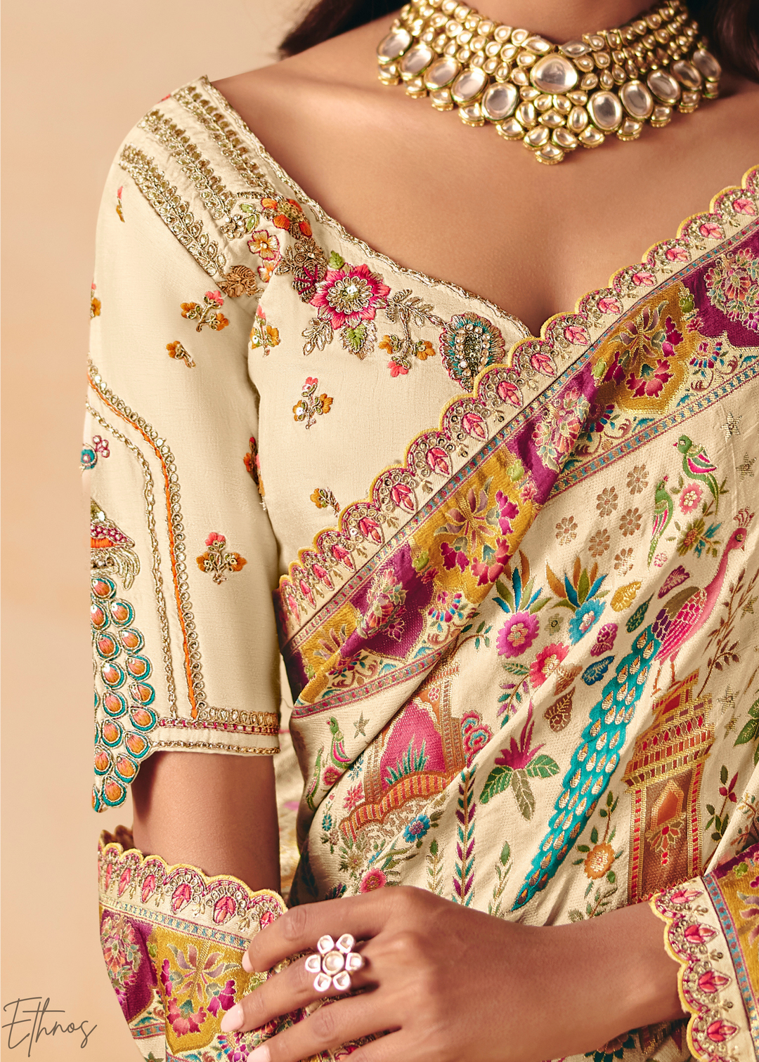 Ivory Mughal Dola Silk Saree